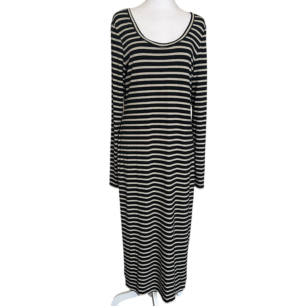 Peruvian Connection Women’s Maxi Dress Black Tan Striped Long Sleeve Size M Soft